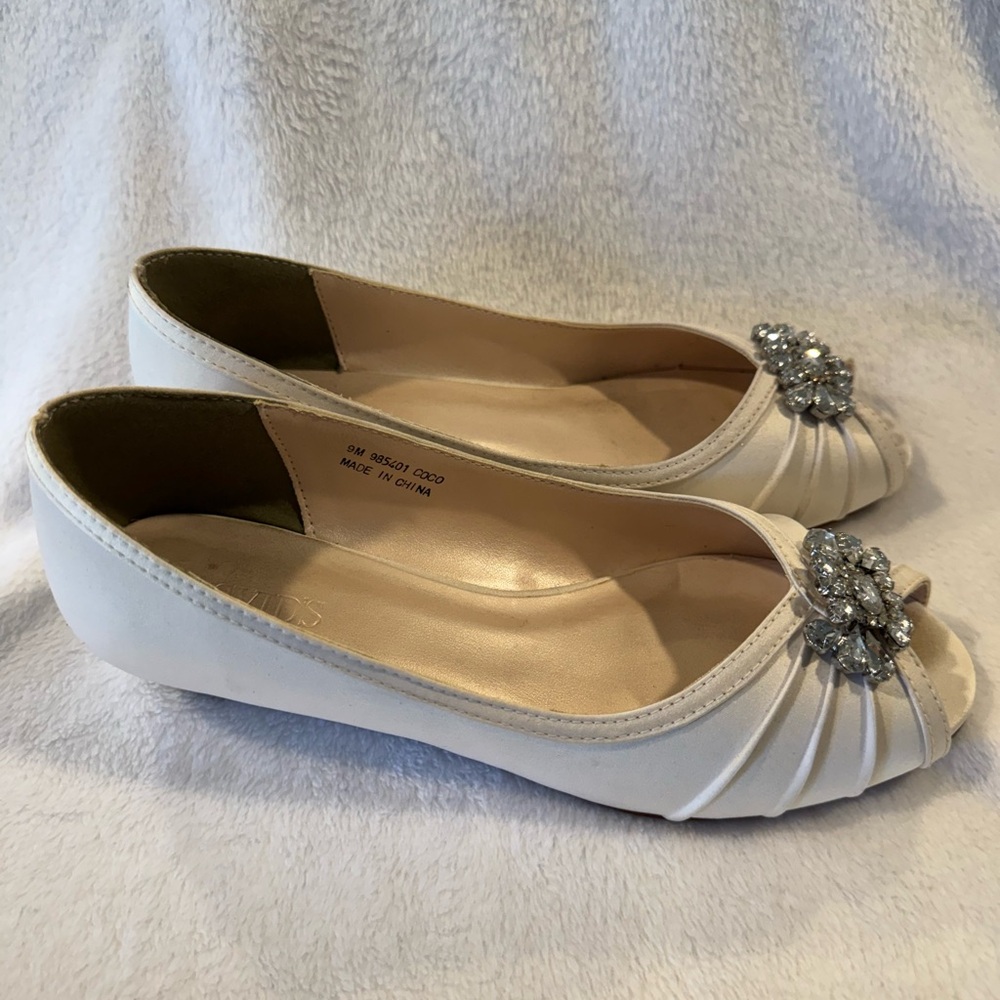 David's Bridal White Flats with Silver Embellishment